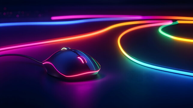 Illuminated gaming mouse with vibrant neon light trails on dark surface