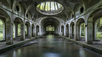 Eerie beauty within a derelict hall featuring water reflection and stone architecture