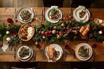 Festive holiday dining table set for a fine celebratory dinner