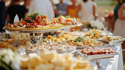Outdoor catering buffet, delicious food, summer party, blurred guests