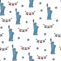 Liberty statues, garlands and stars seamless pattern for wallpaper, backgrounds, textile, packaging, wrapping paper, etc. EPS 10