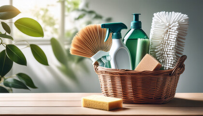 eco friendly cleaning products and supplies in wicker basket on light wooden table