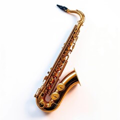 Naklejka premium Gleaming gold saxophone, pristine white backdrop, isolated, elegance
