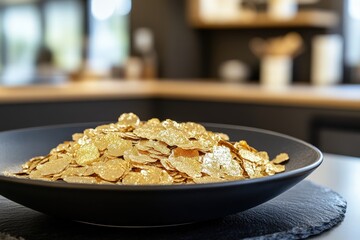 Edible gold flakes cereal in a dark bowl.