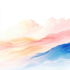 Abstract landscape painting with pastel colors, soft brushstrokes, and a calm atmosphere. Watercolor style mountains and clouds in peach, yellow, pink and blue.