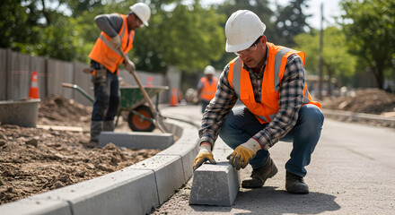 Road Construction Workers Laying Concrete Blocks For Road Edge in Bright Sunlight Wearing Hard Hats and Safety Vests