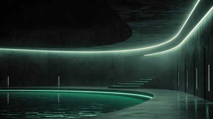 A futuristic indoor pool area with a curved ceiling, green lighting, and a concrete floor.