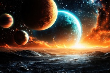 Celestial bodies and distant galaxies are depicted in a vast landscape