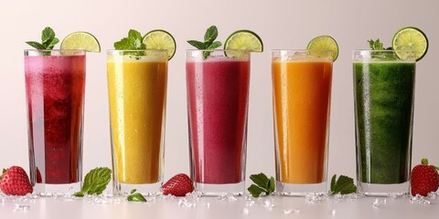 Refreshing fruit drinks arranged in colorful glasses with lime and mint garnishes for a summer gathering