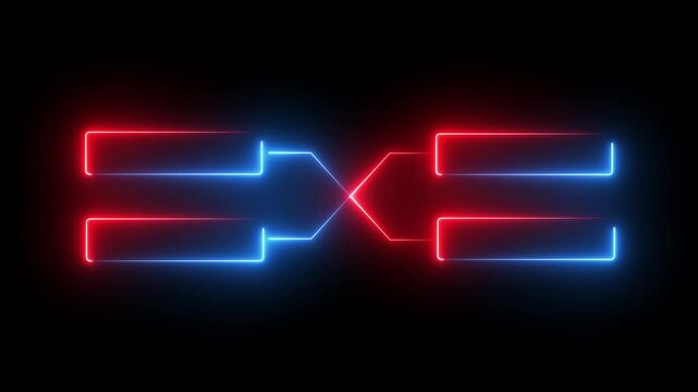 glowing neon outline championship single elimination tournament bracket or tree diagram isolated on neon . Fields for 4 players or teams, black background