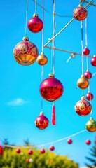 Vibrant blue sky backdrop, colorful Christmas balls & ornaments hanging, sky, christmas decorations, pastel