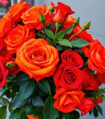 Obraz premium Vibrant orange and red rose bouquet, lush blooms, arrangement, fresh flowers