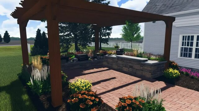 Backyard pergola patio design rendering with grill