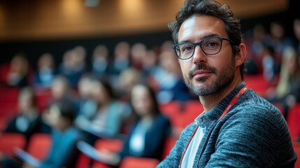 Fototapeta premium Attentive man in glasses at conference event with audience in background focused on speaker presentation in modern setting