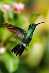 Fototapeta premium Jamaica's Vibrant Doctor Bird: The Majestic Hummingbird in Flight Amidst Lush Greenery