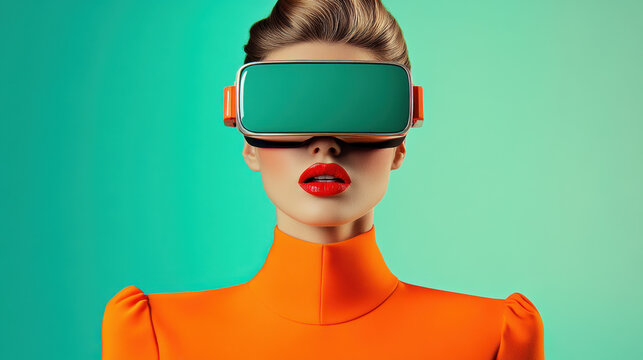 Woman using VR headset for digital experience, exploring futuristic metaverse, visual simulation for new technology, innovative cyberspace for web design and advertising template