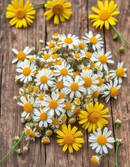 Obraz premium Dried chamomile sprigs on rustic wooden surface, surrounded by fresh chamomile blooms, natural, dried flowers, nature