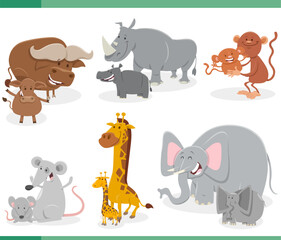 cartoon wild animals species characters set with their children