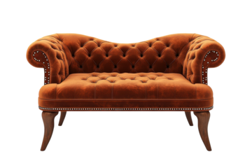 Luxurious orange velvet chaise lounge button tufted elegant wood legs dark background rich texture