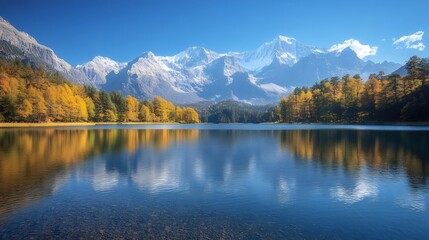 湖畔に広がる鮮やかな紅葉と雪山 青い空と澄んだ水面が織りなす静寂と美しい自然景観