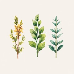 Fototapeta premium Watercolor painting of three different types of plants with green, yellow, and blue green leaves against a light beige background.