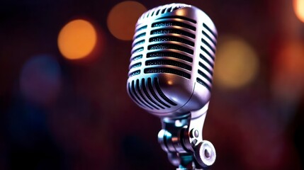 Close up of a vintage silver microphone against a blurred background of warm toned lights. The microphone is the central focus, sharply in focus against the bokeh background.