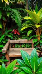 Fototapeta premium Rustic wooden bench nestled amongst lush tropical foliage, earthy tones, botany, wildlife, peace