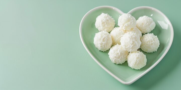 A heart-shaped platter with luscious coconut rafaello candy over a pale green setting delish food lovely hue and space, Generative AI.