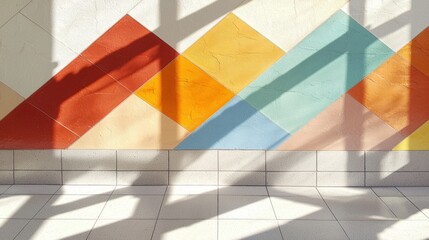 A vibrant geometric pattern adorns a wall, casting a shadow on the floor below.