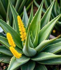 Obraz premium Succulent aloe vera plant with thick green leaves and vibrant yellow flower spikes, healing, medicinal