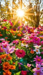 Sunlit garden bed brimming with colorful spring blooms, fresh, blossom, springtime