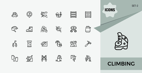 Climbing icon set. Featuring camping, adventure, climber, hiking and more. Climb linear icon pack. Pixel perfect. Vector collections. Set-2
