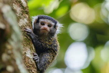 Naklejka premium Adorable Small Marmoset Monkey Perched on a Tree in the Heart of Brazilian Wilderness
