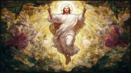 Glorious ascension scene rendered in stained-glass mosaic, central figure in flowing white and soft gold robes, arms open as light streams from a burst behind the head