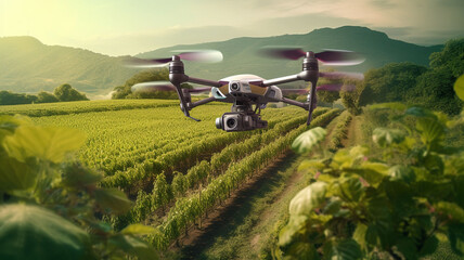 Drone technology utilized for vineyard inspection in a scenic agricultural landscape.