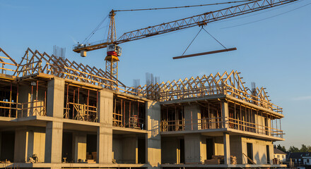 Construction Site with Crane Under Clear Blue Sky at Late Afternoon With Sunlight