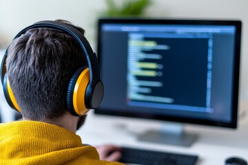 Man in yellow sweater uses computer, wearing yellow and black headphones, focused on programming code on screen. Brightly lit workspace.