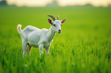 Fototapeta premium Curious young goat in vibrant green meadow captures the essence of tranquility and natural beauty