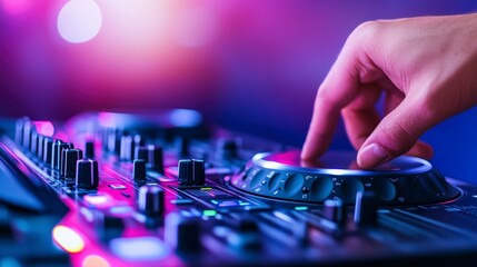 Closeup of a hand adjusting a music mixer, vibrant purple and pink lighting, nightlife atmosphere.