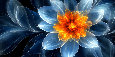 Obraz premium Glowing abstract flower with orange and blue translucent petals on dark background