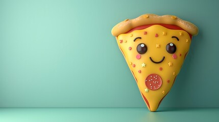 A lovely face for goods marketing with a 3D kawaii pizza chunk emblem over a pale green setting lovely hue delish and space, Generative AI.