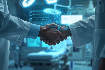 Hands of medical professionals shaking in a hospital with digital health data overlays and technological advancements in the healthcare environment