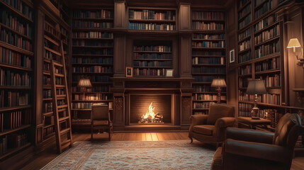 Cozy reading room with wooden shelves and a fireplace creating a warm atmosphere in an elegant library