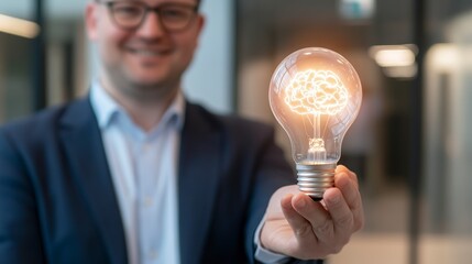 Smiling man in a suit holding a lightbulb with a brain inside, innovative idea concept