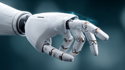 Close up of a robotic hand with glowing particles, white and metallic design, dark background, futuristic technology concept