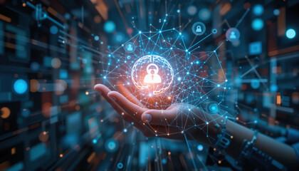 Obraz premium Artificial intelligence concept with a hand holding a glowing sphere symbolizing the power of AI.