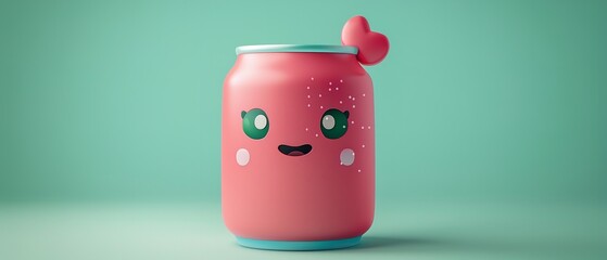 A&nbsp;lovely&nbsp;face&nbsp;for&nbsp;goods marketing&nbsp;with&nbsp;a&nbsp;3D&nbsp;kawaii soda can&nbsp;emblem over a pale green setting lovely hue delish and space, Generative AI.