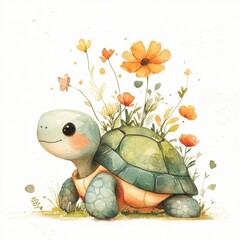 Adorable cartoon turtle with flowers growing on its shell, watercolor style illustration on white background.