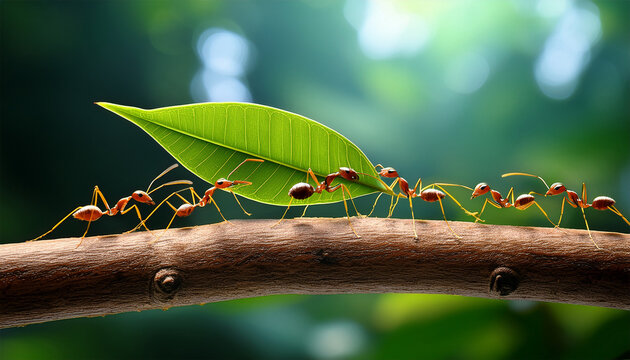leaf cutter ants carrying leaves on branch in the jungle atta cephalotes