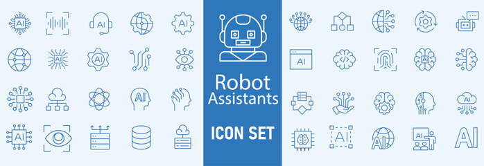 Set of Artificial Intelligence icon. Service, Digital, Robot, Data, Information, Learning, Future, Artificial Intelligence, Support, Help, Chat Bot, Conversation, Smart, Concept, Innovation vector.